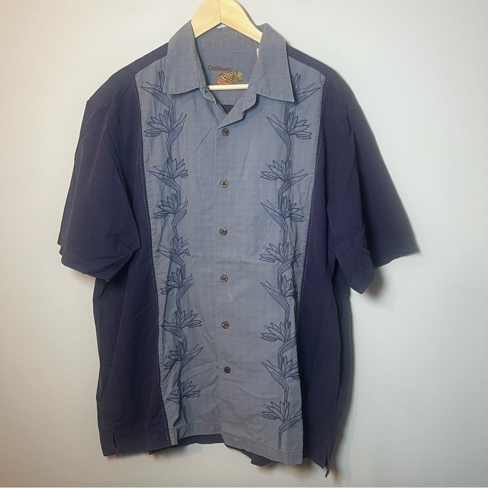 CARIBBEAN Shirt Men’s XL Bird of Paradise Hawaiian Camp Havana Blue Button Up